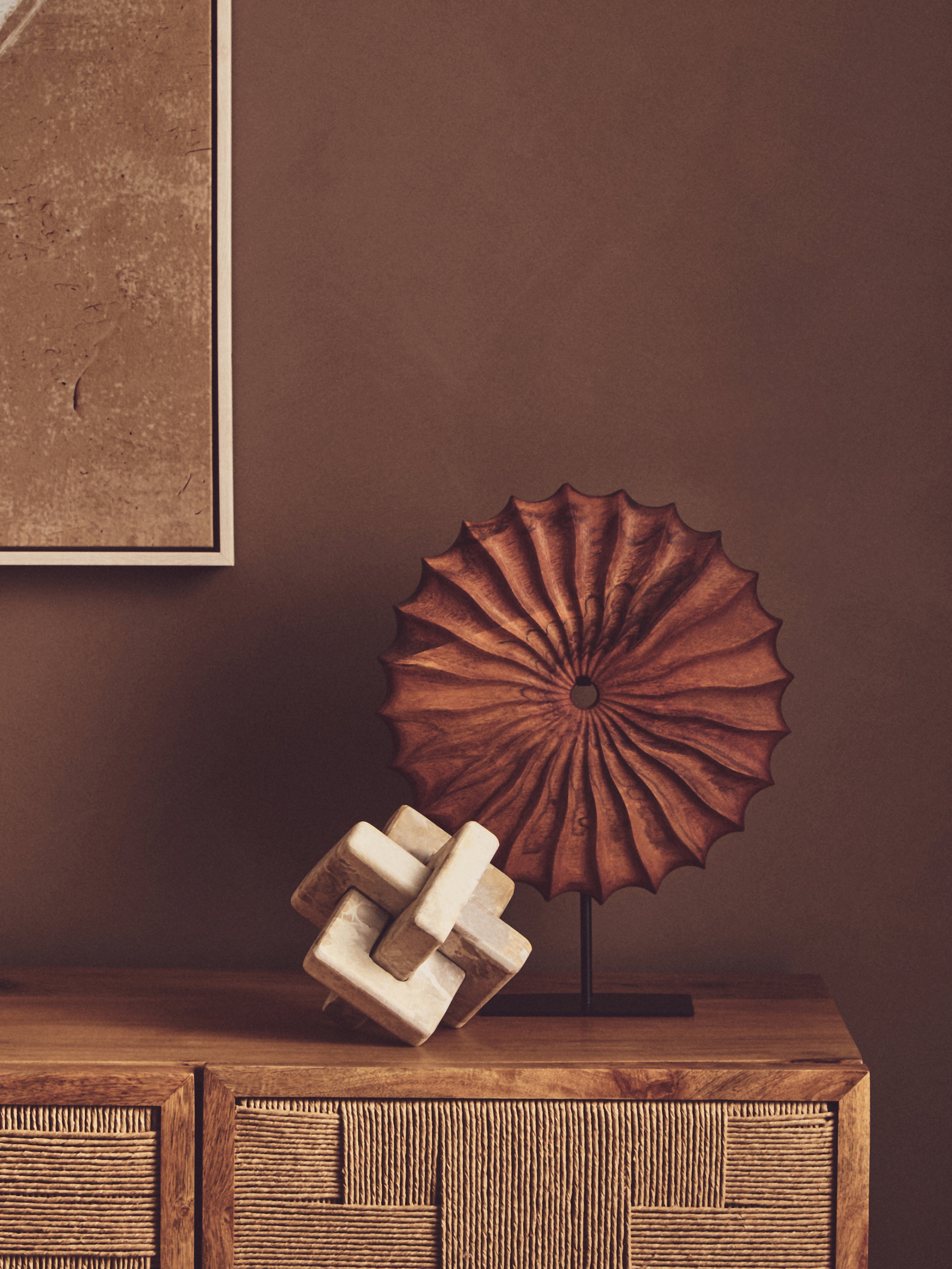 Lindos Brown Wood Round Sculpture With Black Base